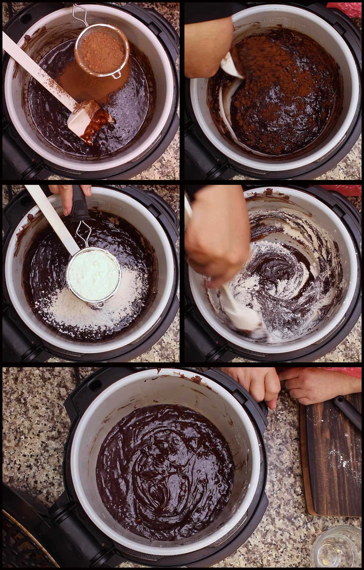 sifting in cocoa and flour to finish slow cooker brownie batter