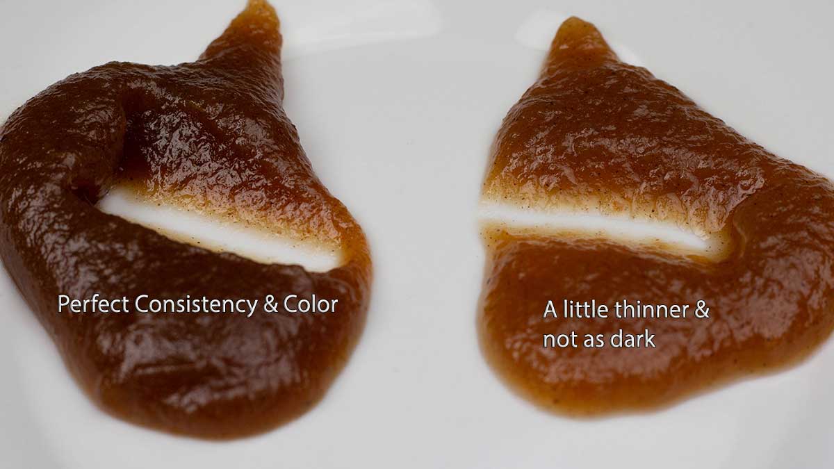 showing both batches of apple butter on a plate, one is darker and thicker, the other one is lighter and thinner