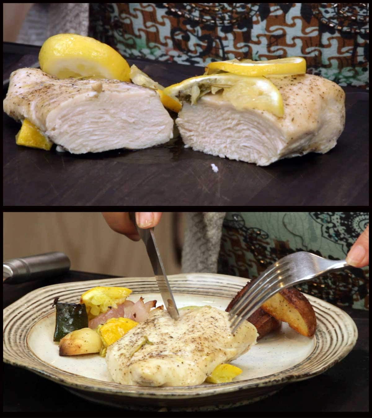 cutting and serving lemon rosemary chicken