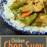 Chicken Chop Suey over rice in a blue and white bowl