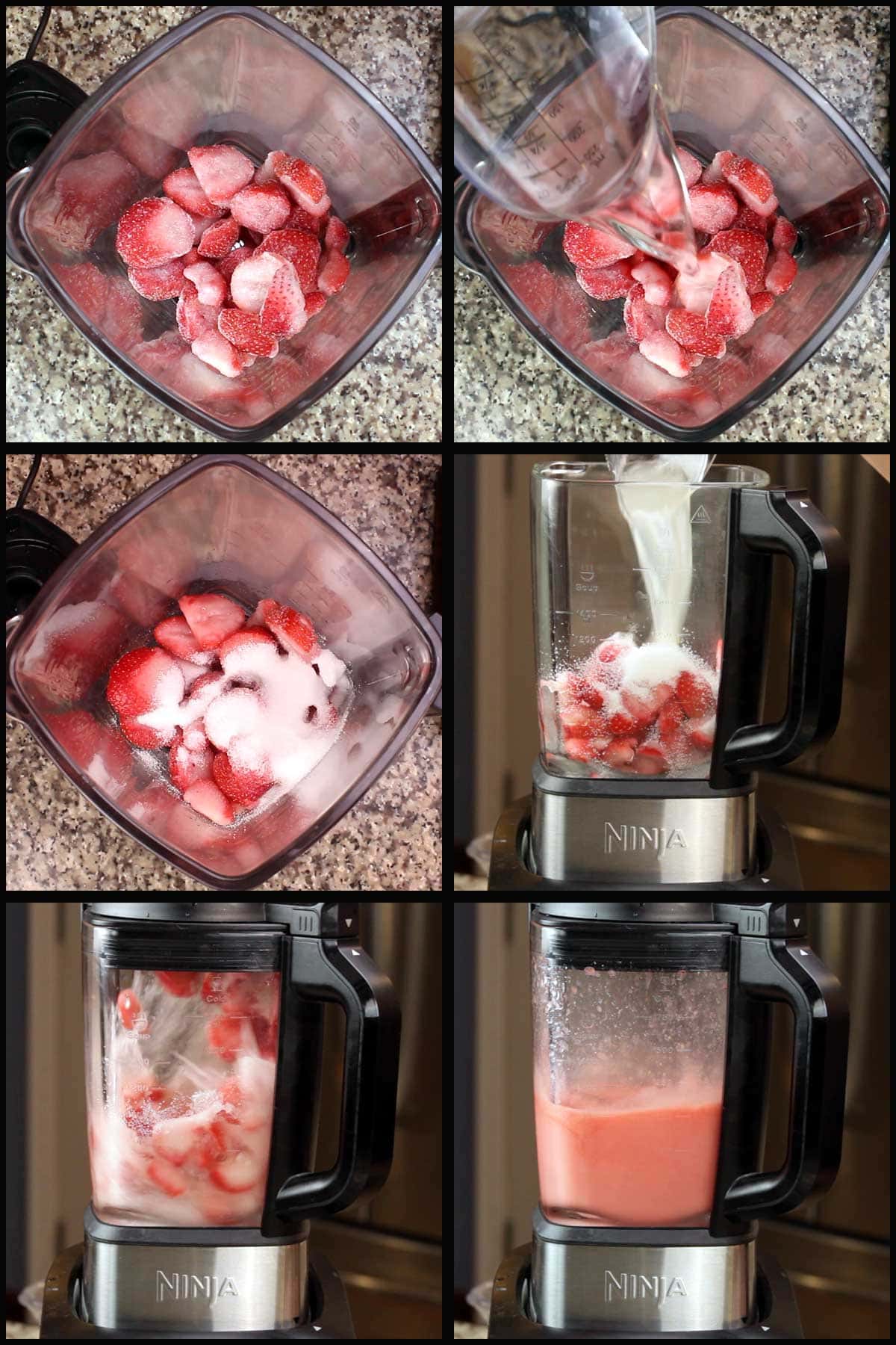 adding ingredients and blending strawberry daiquiris