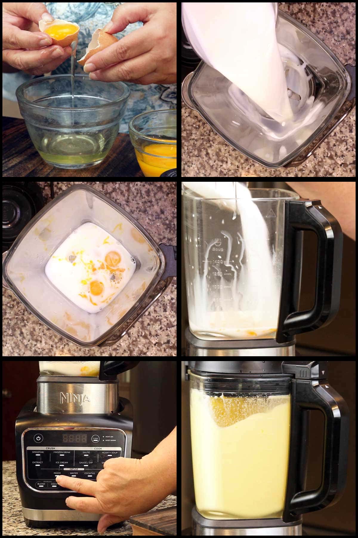 Adding egg yolks, sugar, milk to blender for heating