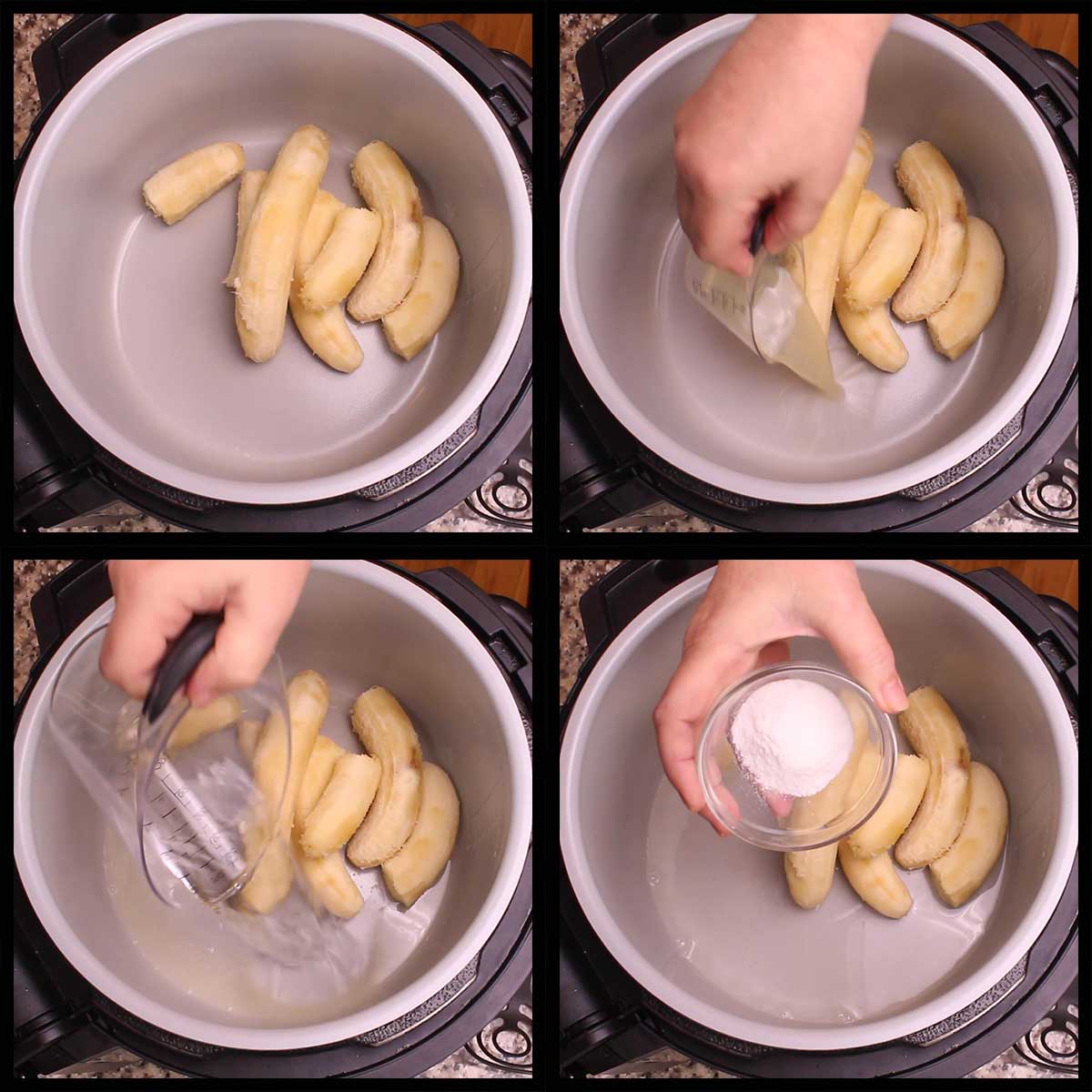 adding bananas, water, lemon juice, and pectin to inner pot of Ninja Foodi.
