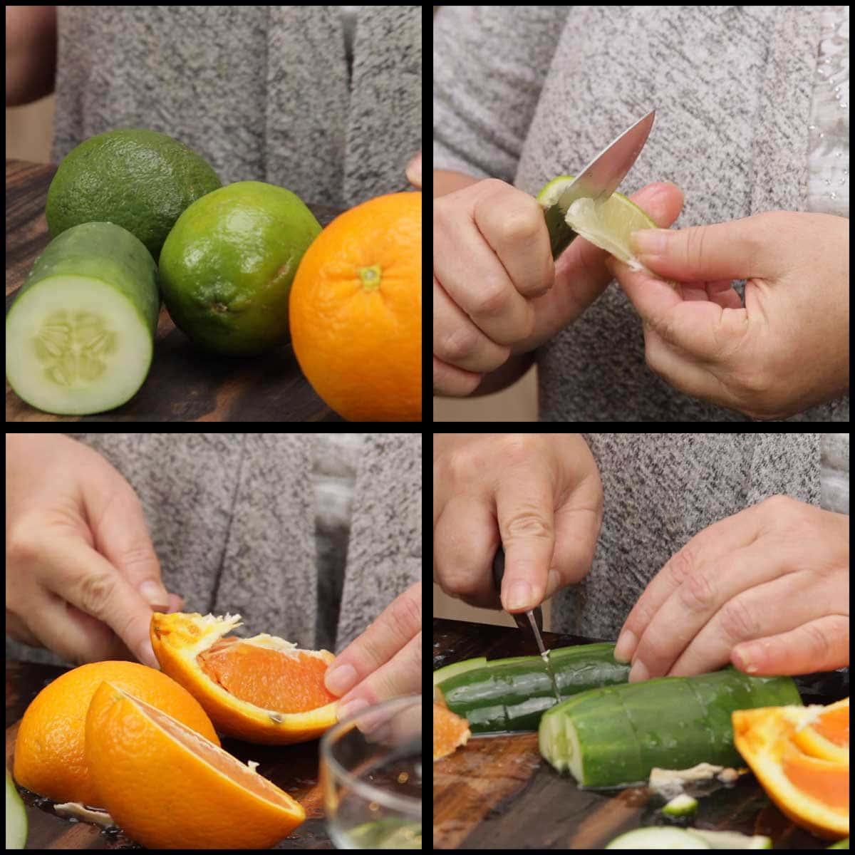 removing the peel from the limes and orange before adding to blender