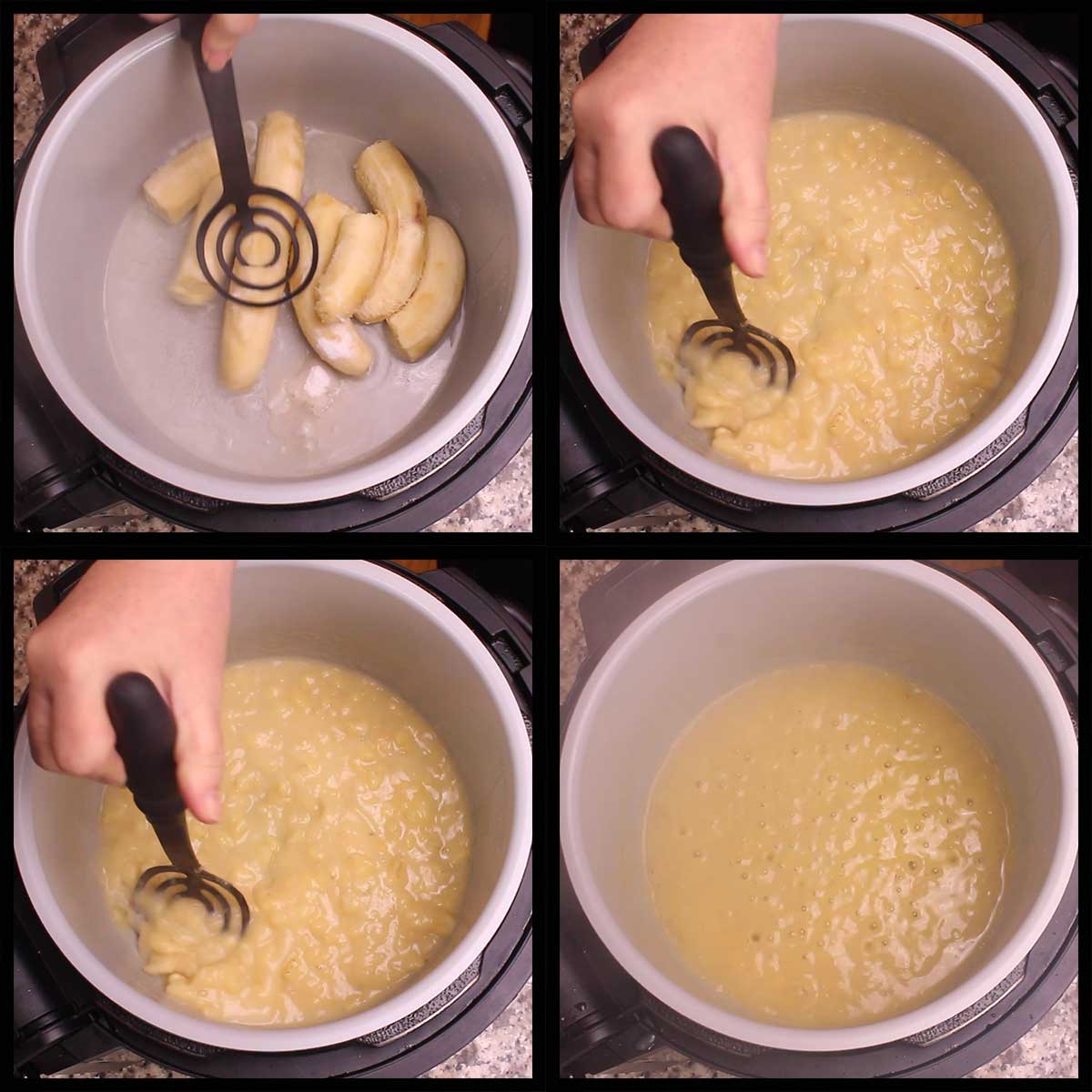 mashing the bananas and bringing the mixture a boil. 