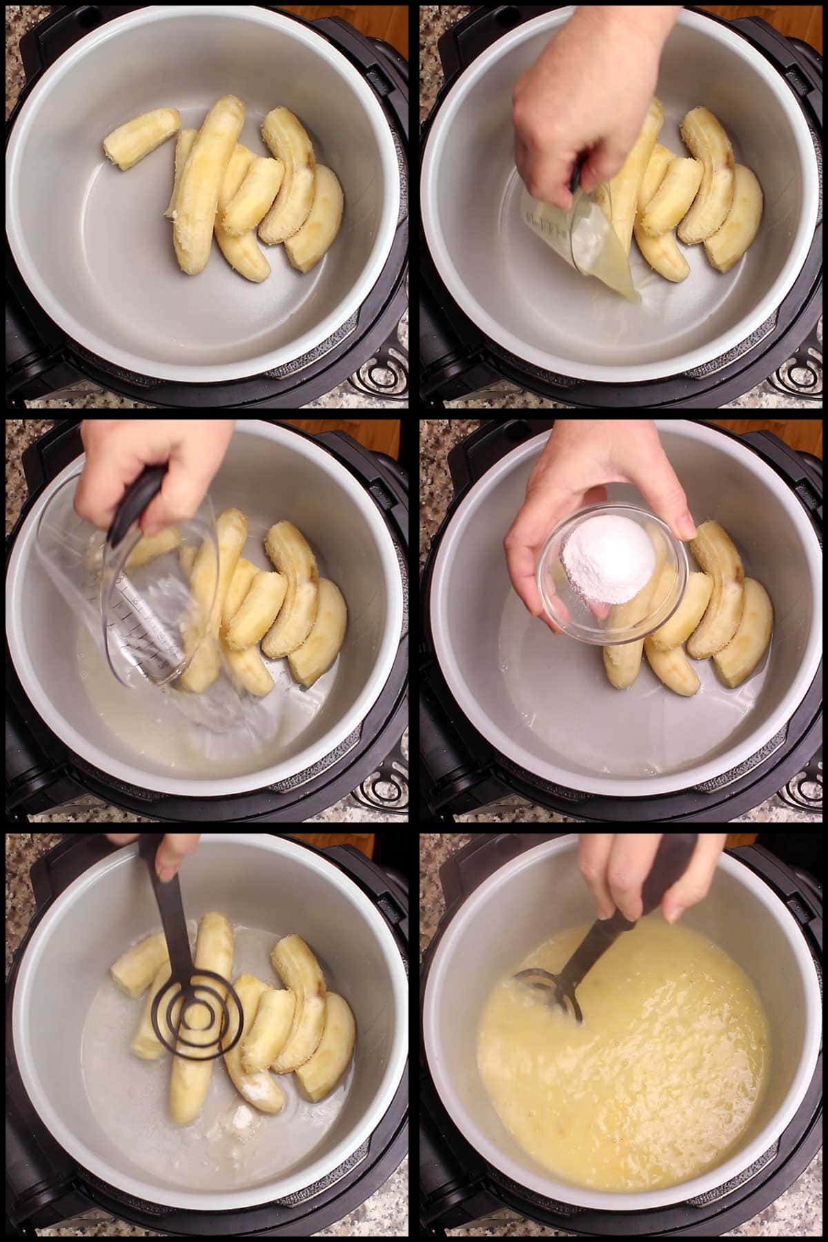 adding ingredients and mashing bananas