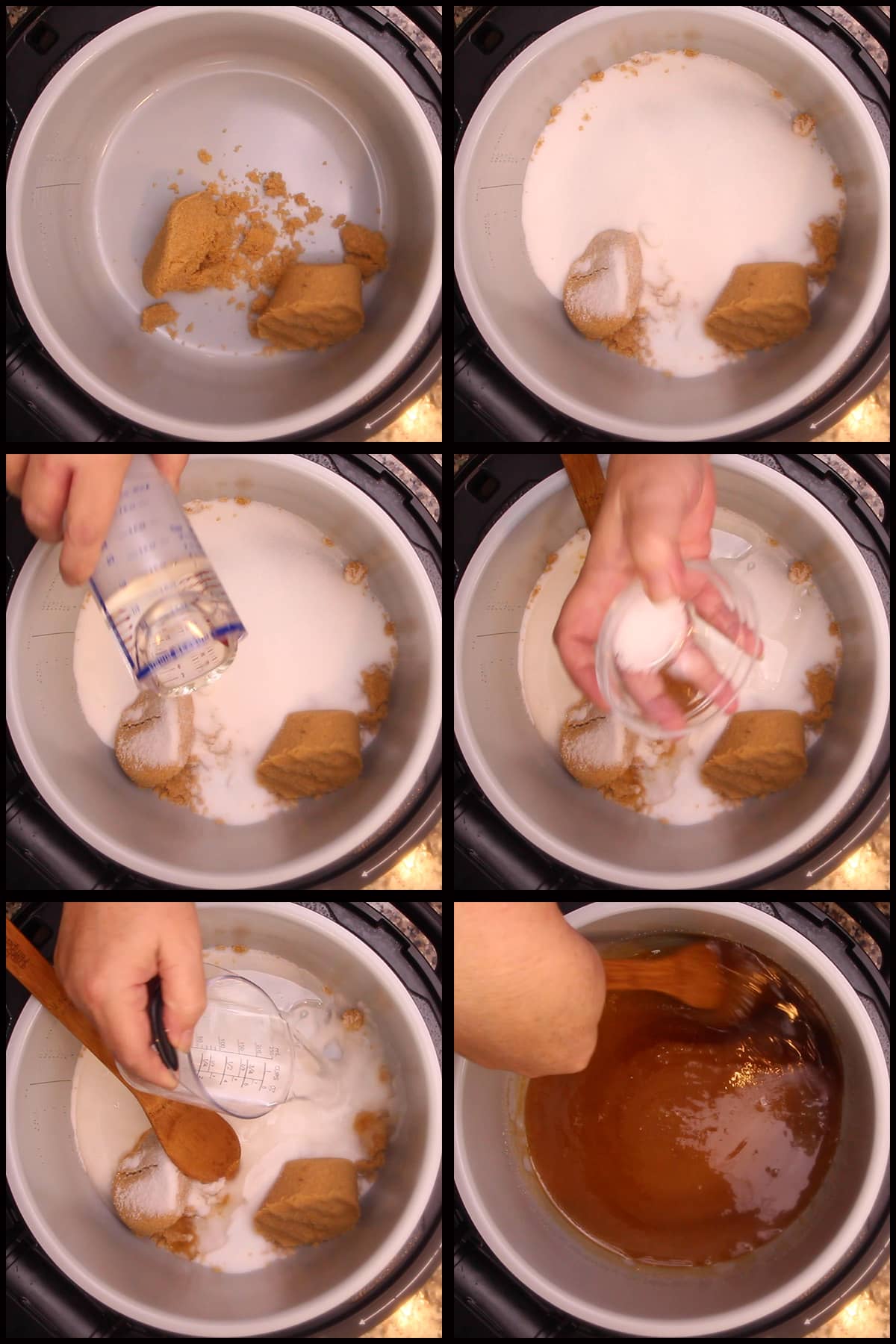 adding sugars, salt, and water to the inner pot for homemade caramel