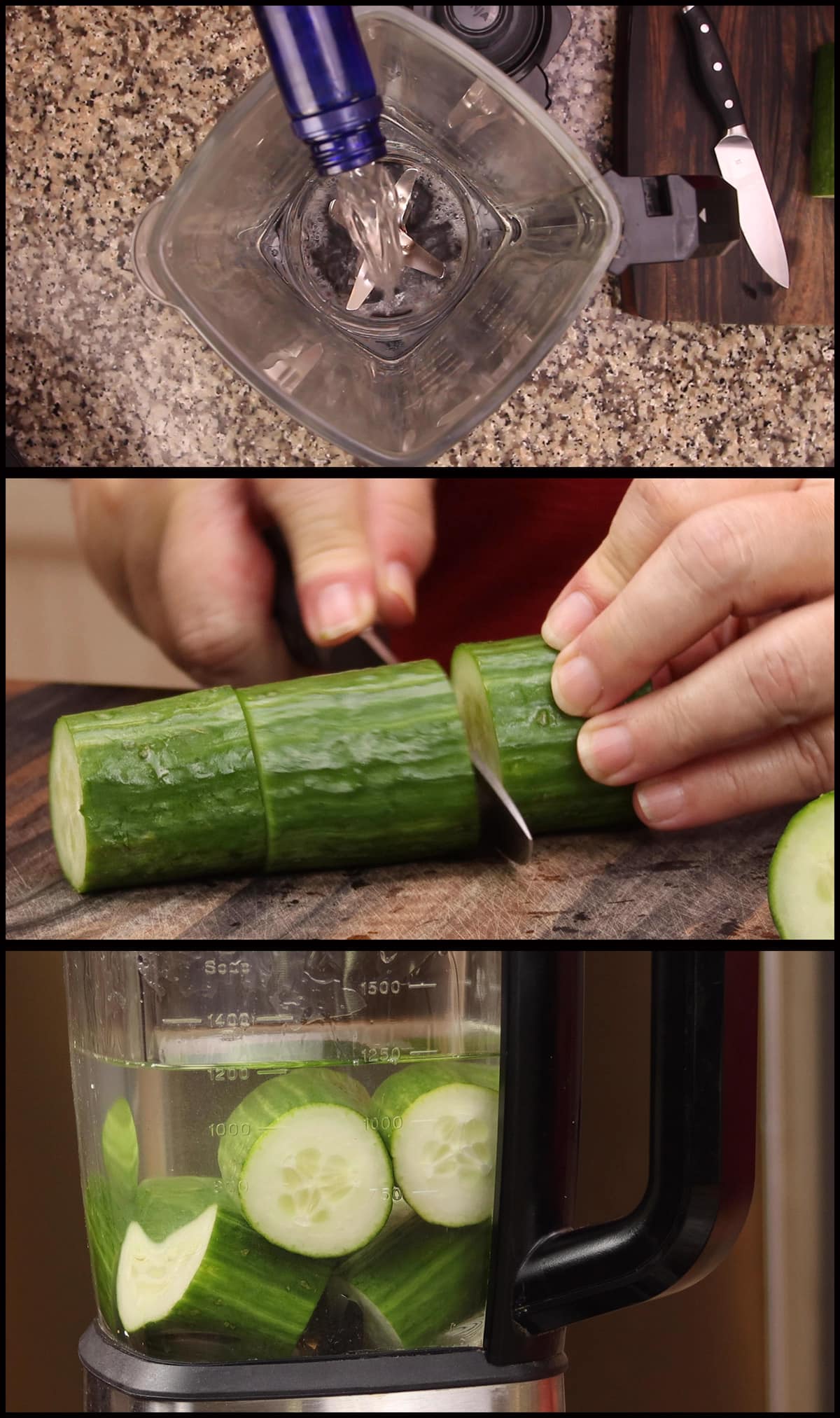 adding ingredients for cucumber infused vodka to the blender