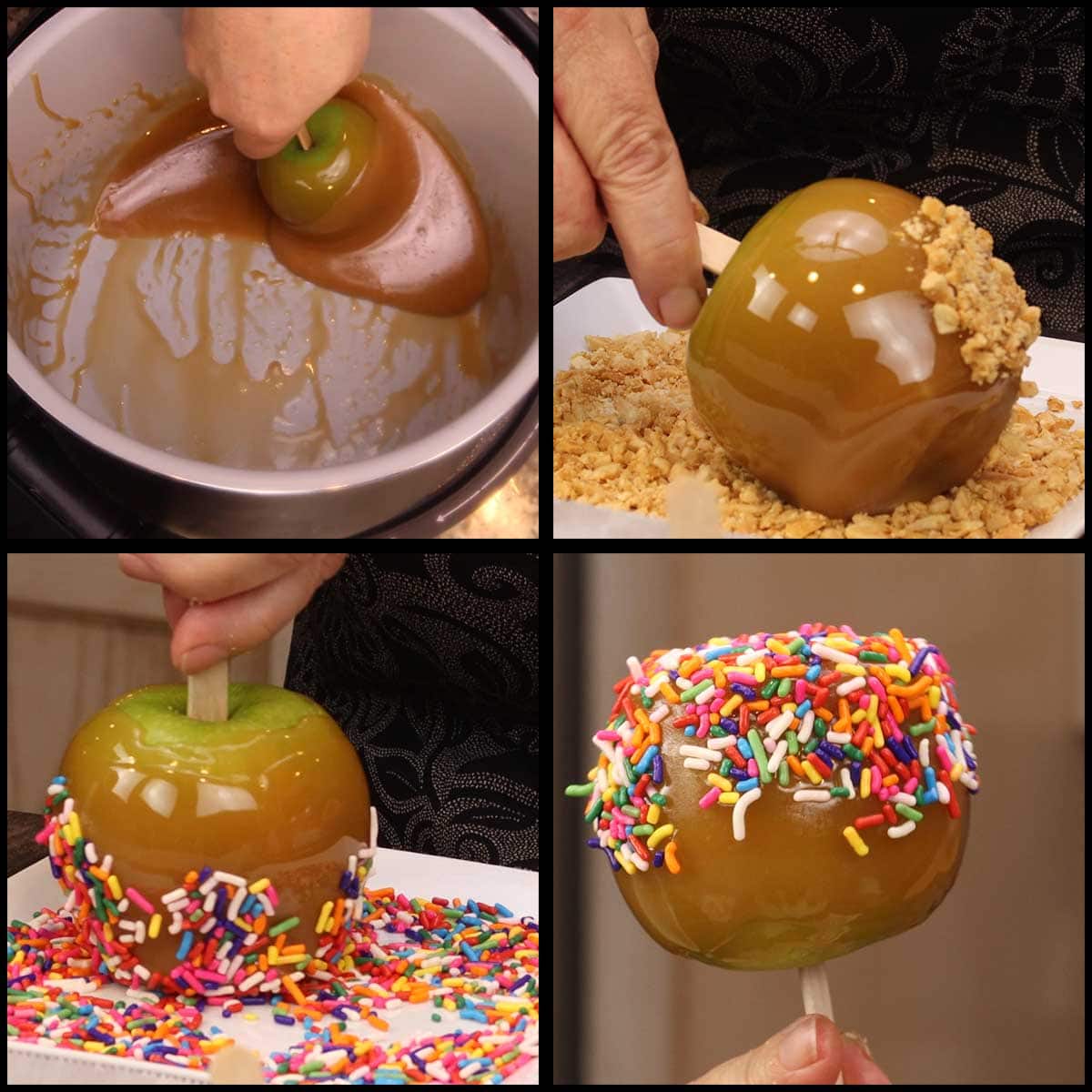 dipping the caramel apples a second time and coating them with nuts or sprinkles