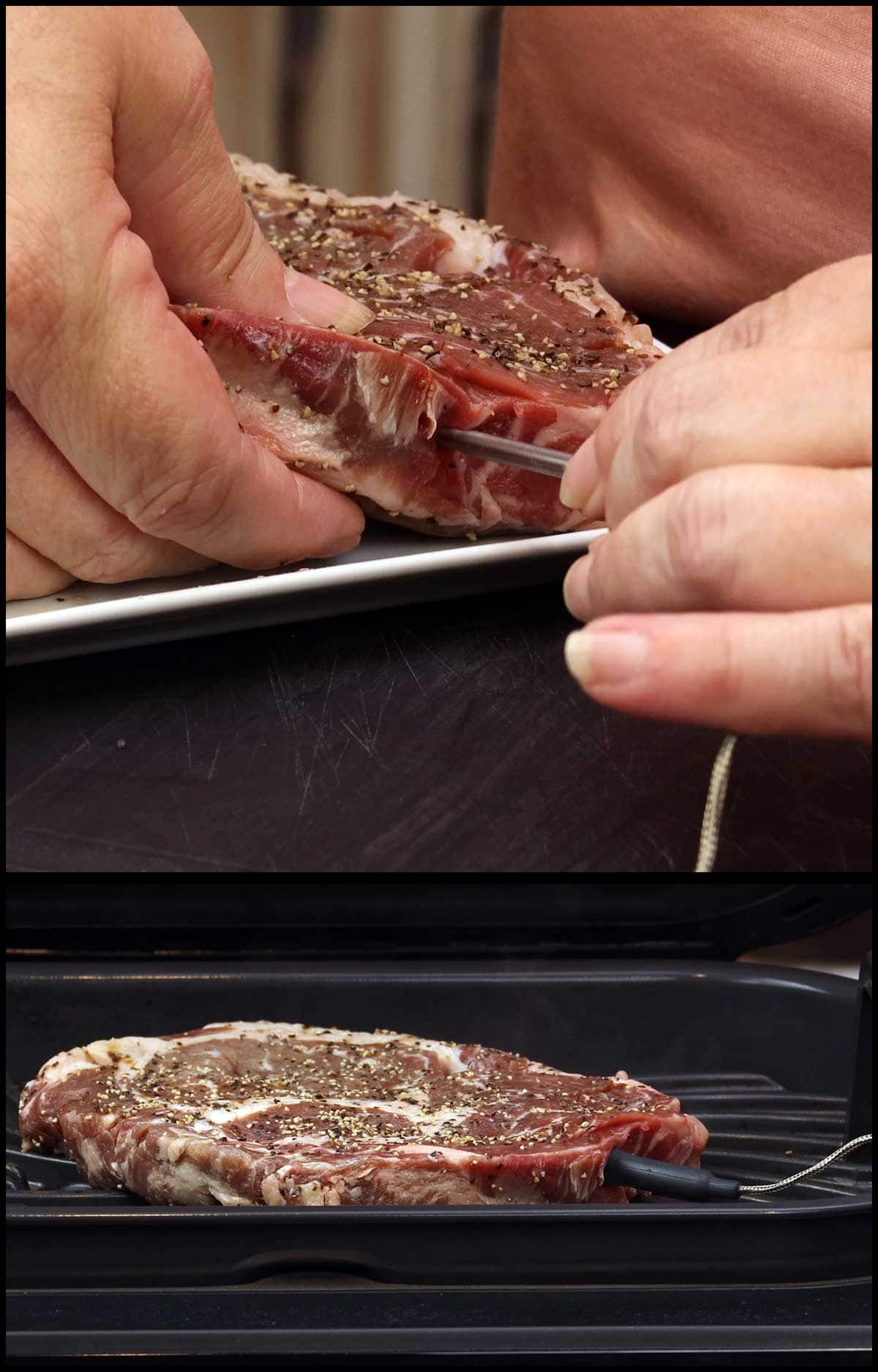 inserting the probe into a ribeye to measure internal temperature