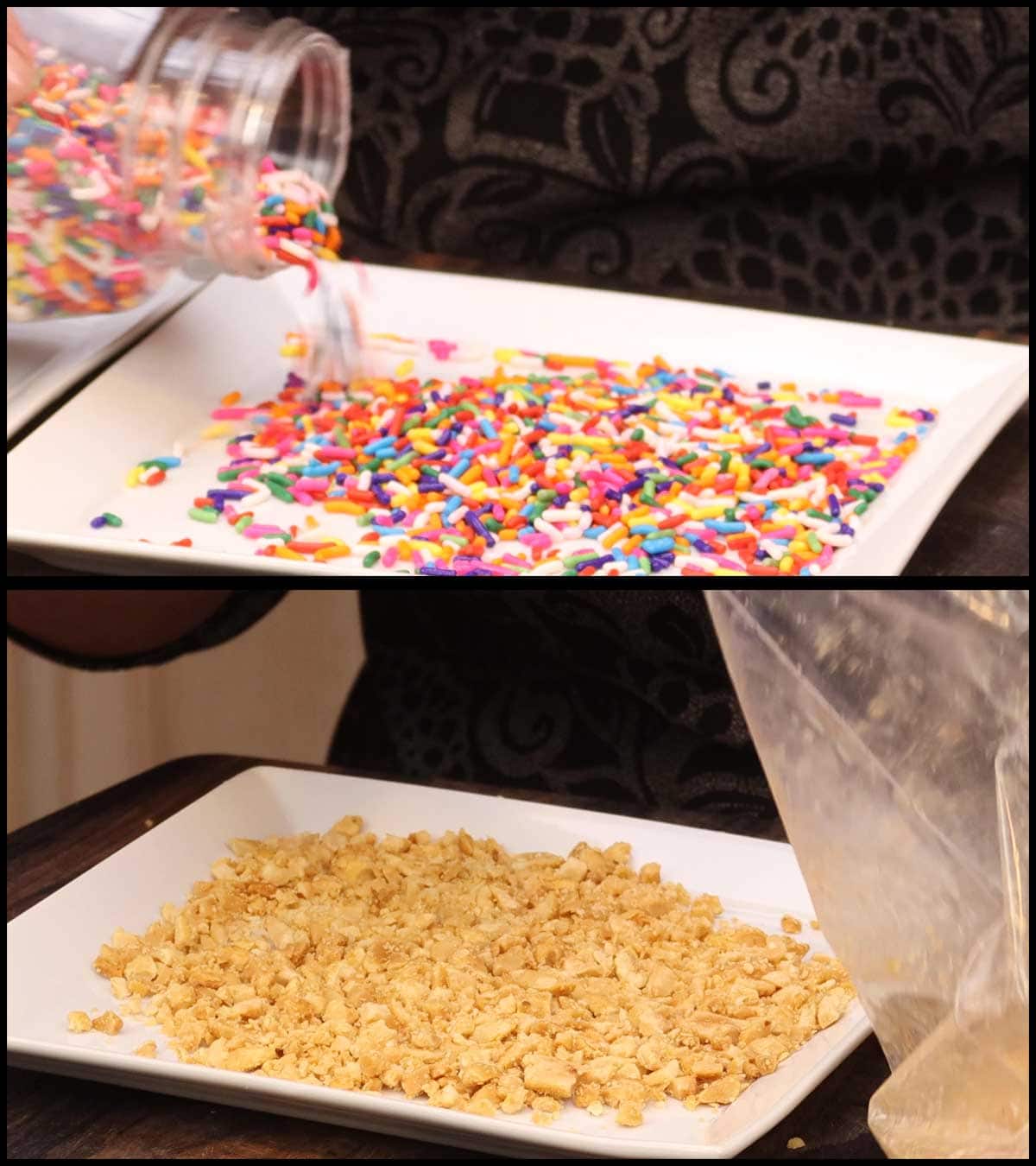 crushed nuts and sprinkles on plates for decorating homemade caramel apples