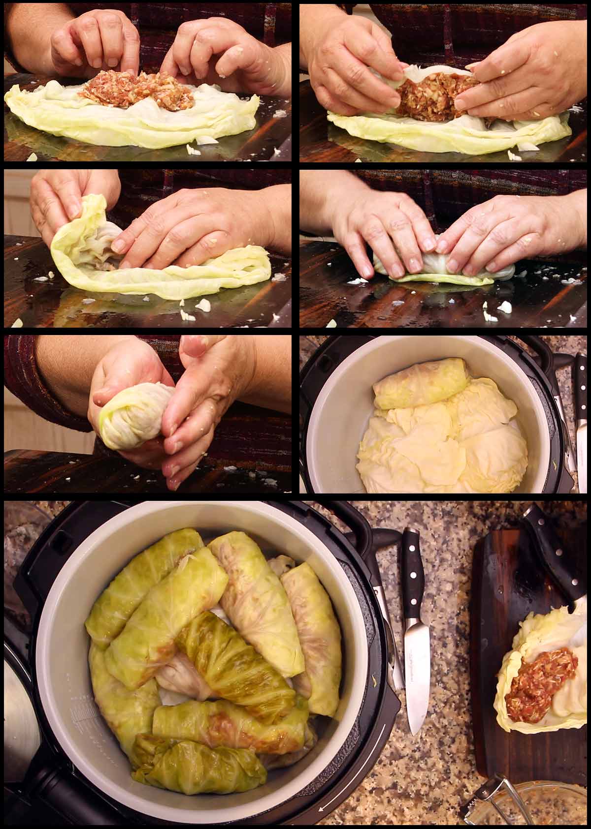 rolling cabbage rolls and placing them in the inner pot