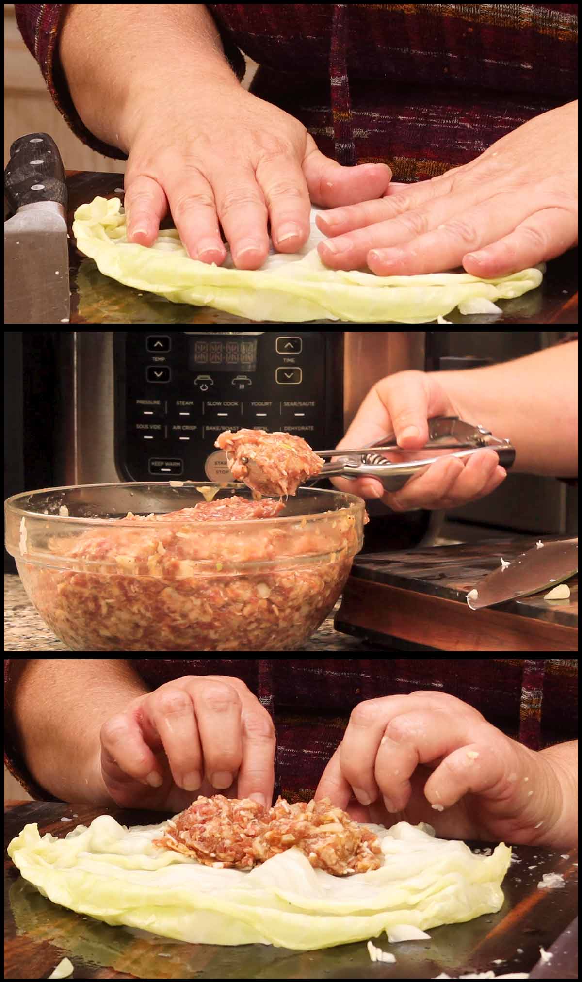 stuffing the cabbage leaf with meat mixture