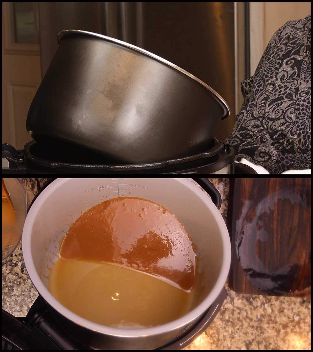 tilting inner pot in the Ninja Foodi to dip homemade caramel apples