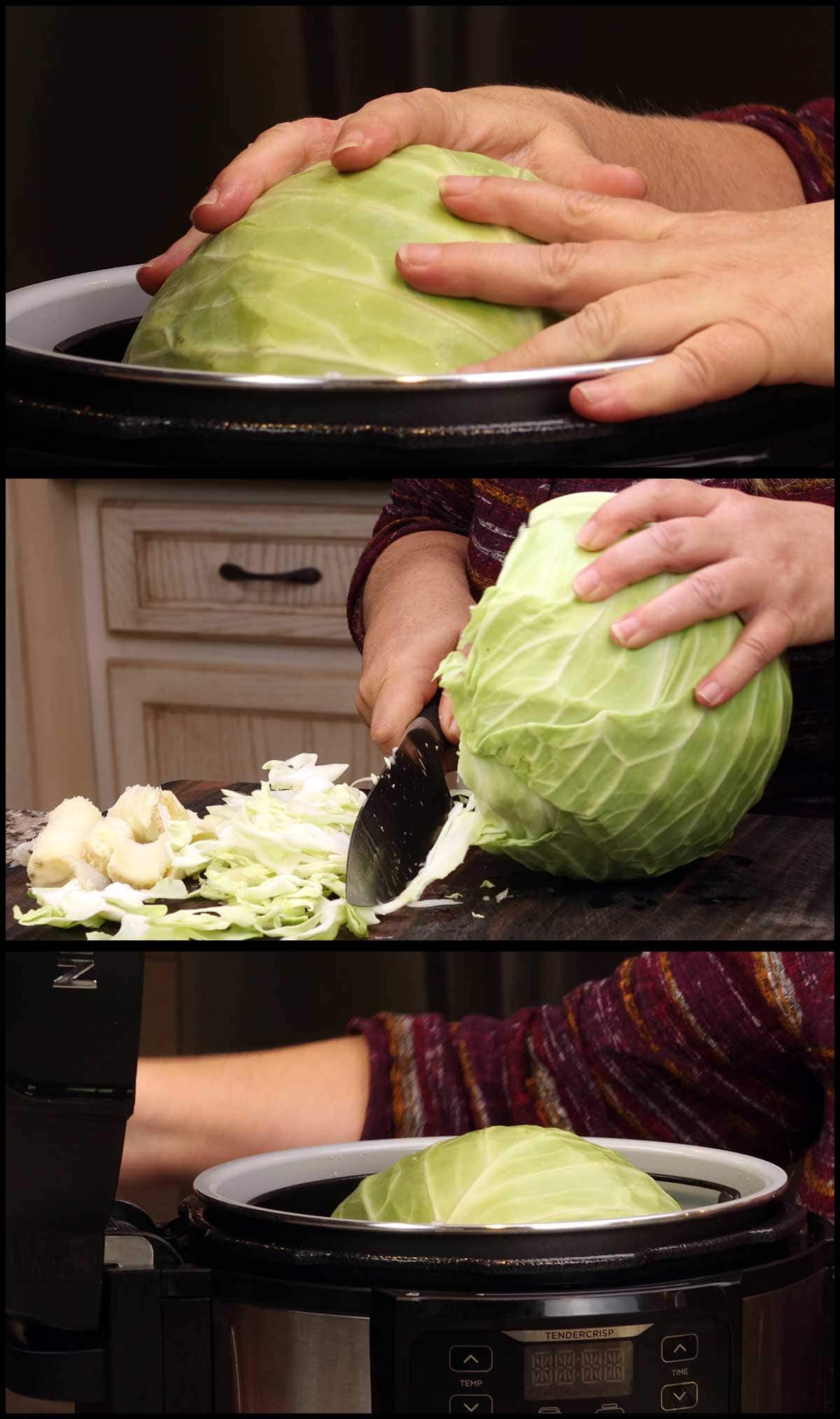 Trimming the cabbage to fit in the NInja Foodi