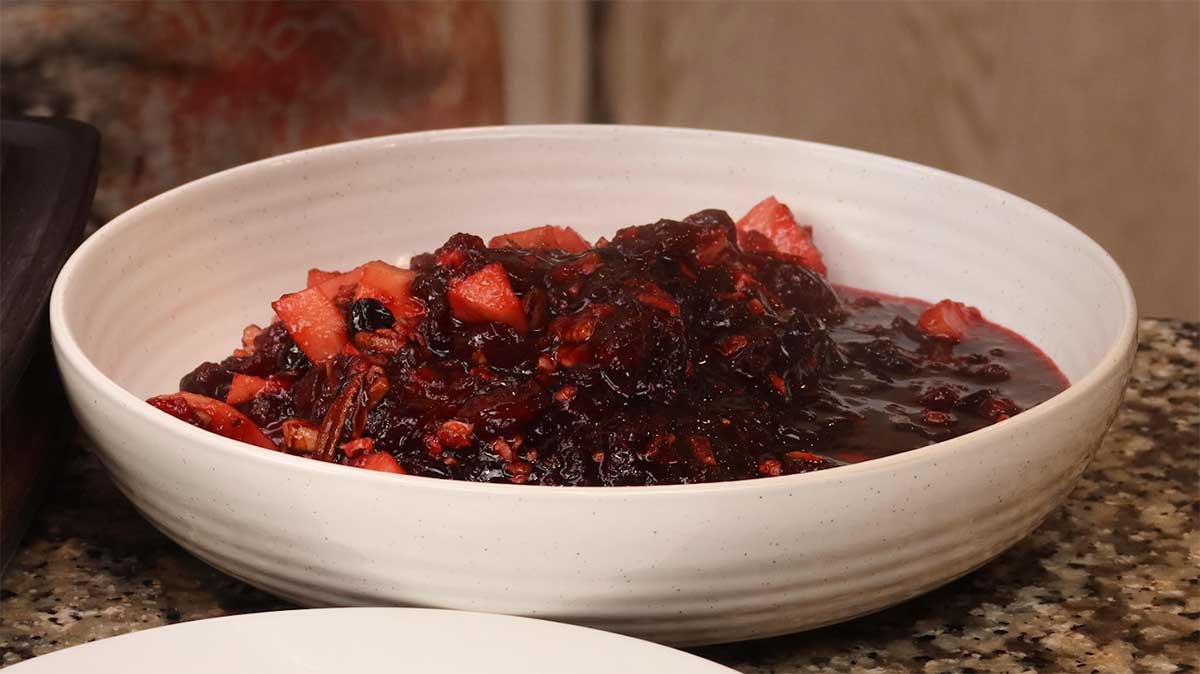 finished apple cranberry chutney in a white bowl