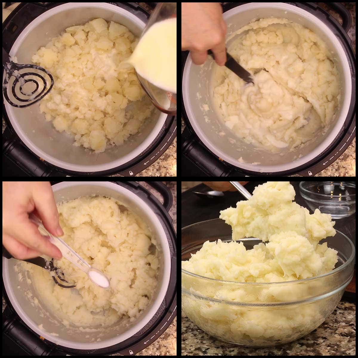 Adding cream and butter and mashing potatoes
