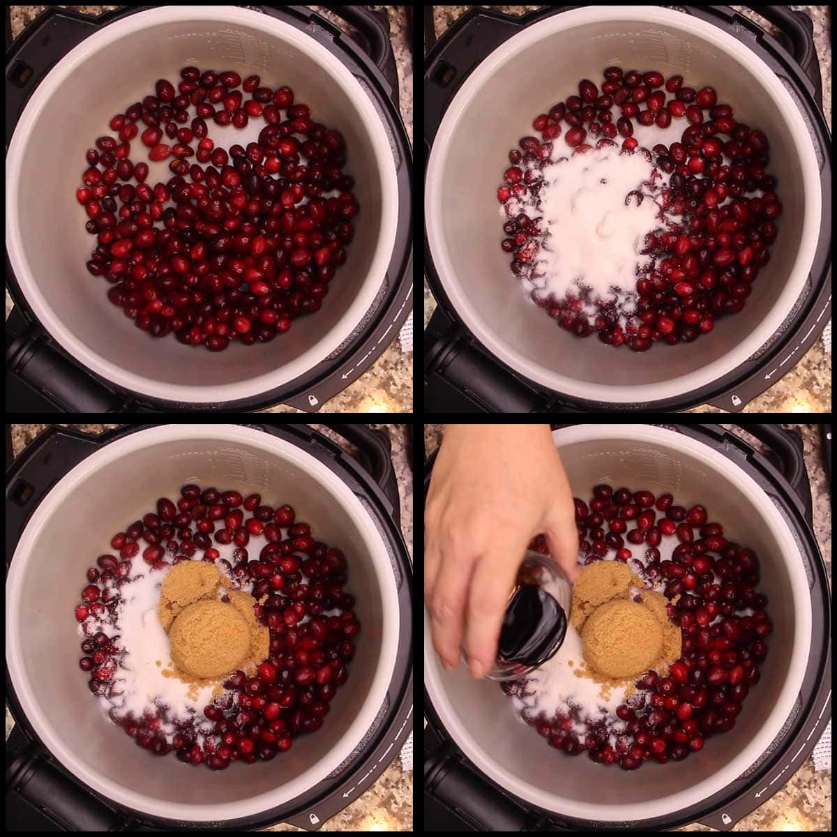 adding cranberries, sugars, vinegar to the inner pot