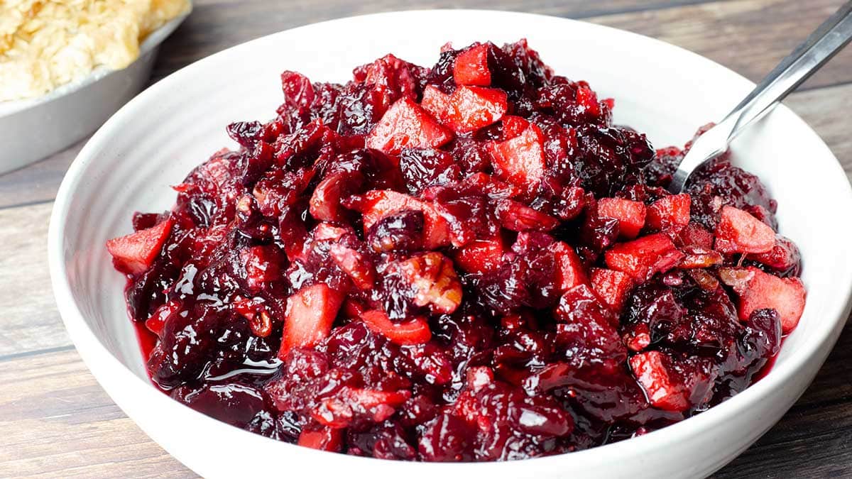 cranberry apple chutney in a white bowl