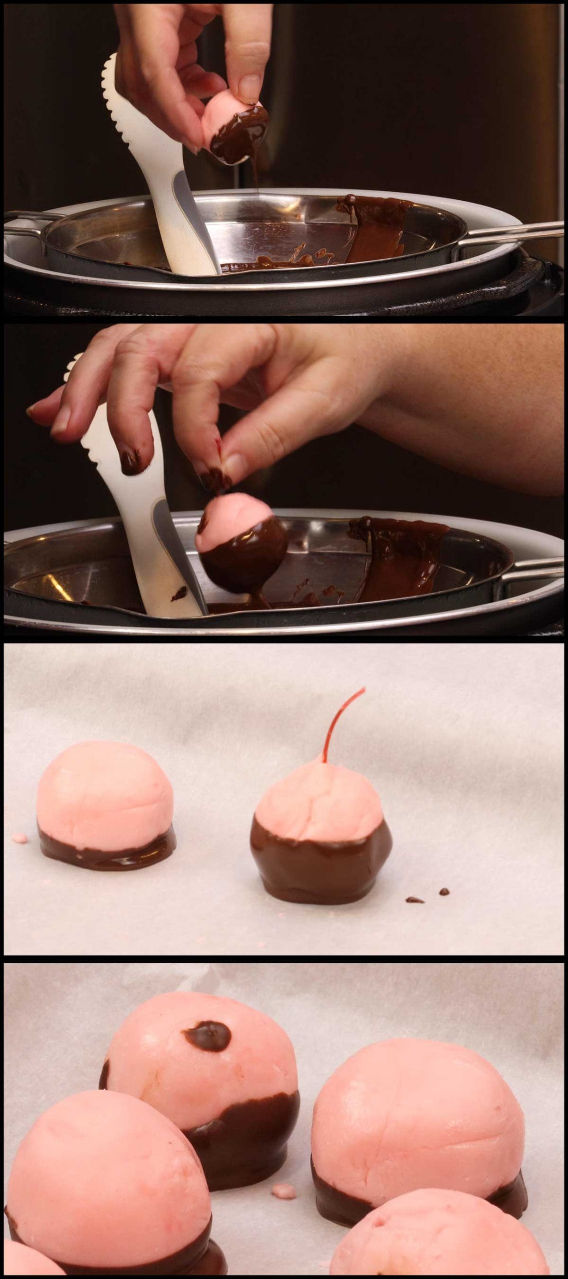 dipping the bottoms of the chocolate covered cherries
