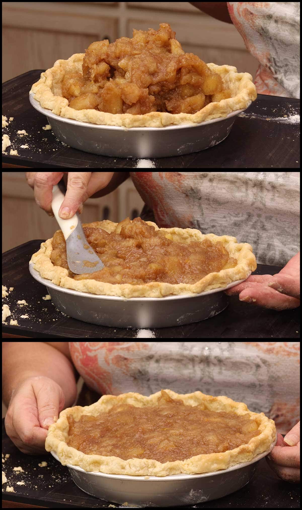 adding the filling to the pre-baked pie crust and smoothing the top