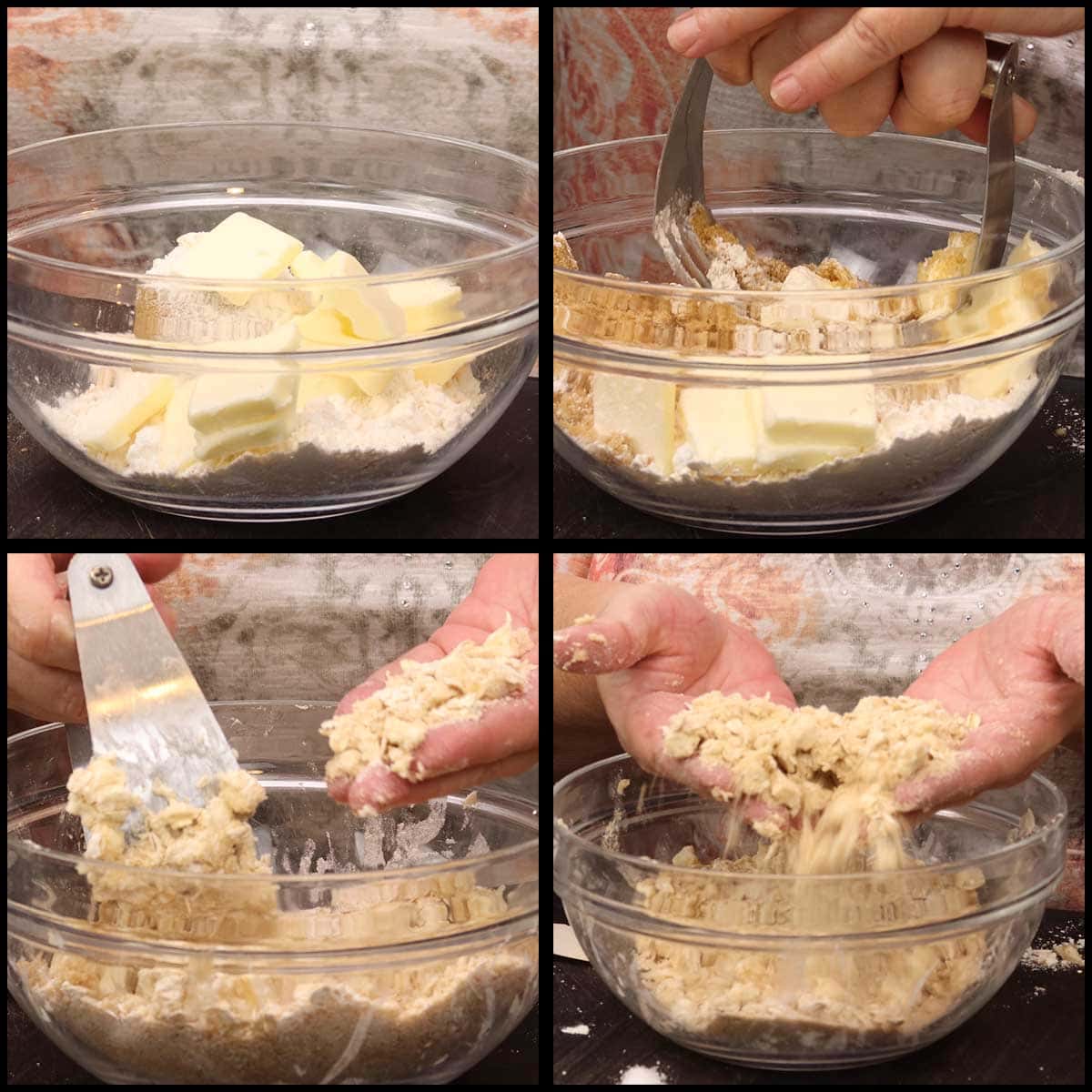 cutting the butter into the dry ingredients to make the crumble top