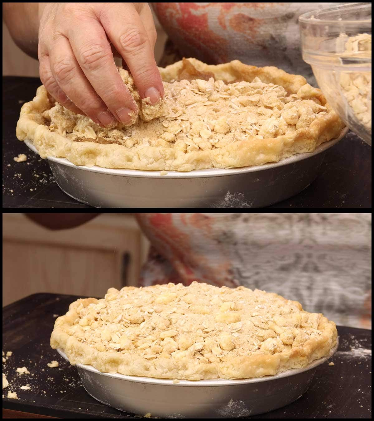 putting the crumb topping on the apple pie