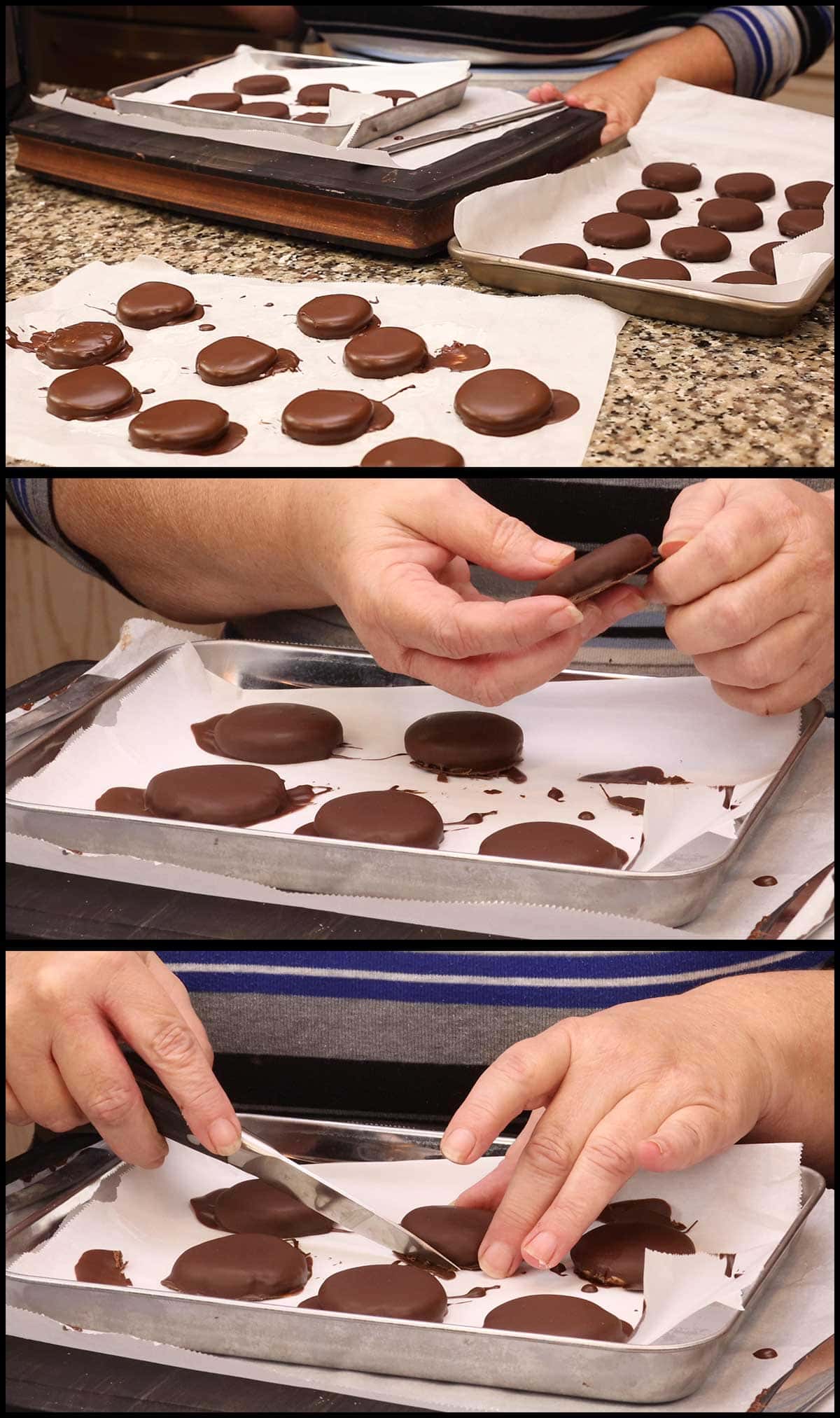 trimming the excess off the edges of peppermint patties