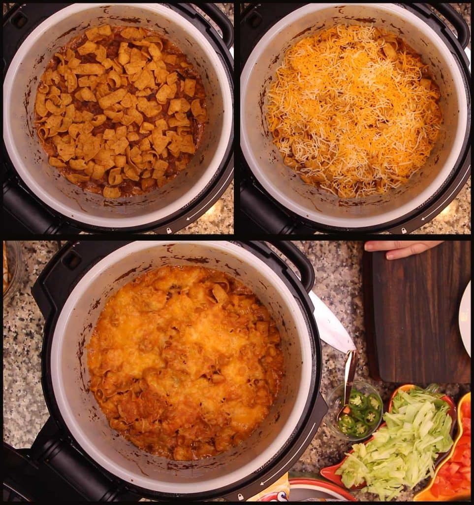 Adding Fritos and cheese to top and showing what it looks like after baking