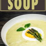 creamy asparagus soup in a bowl with an egg on top with basil and asparagus spears