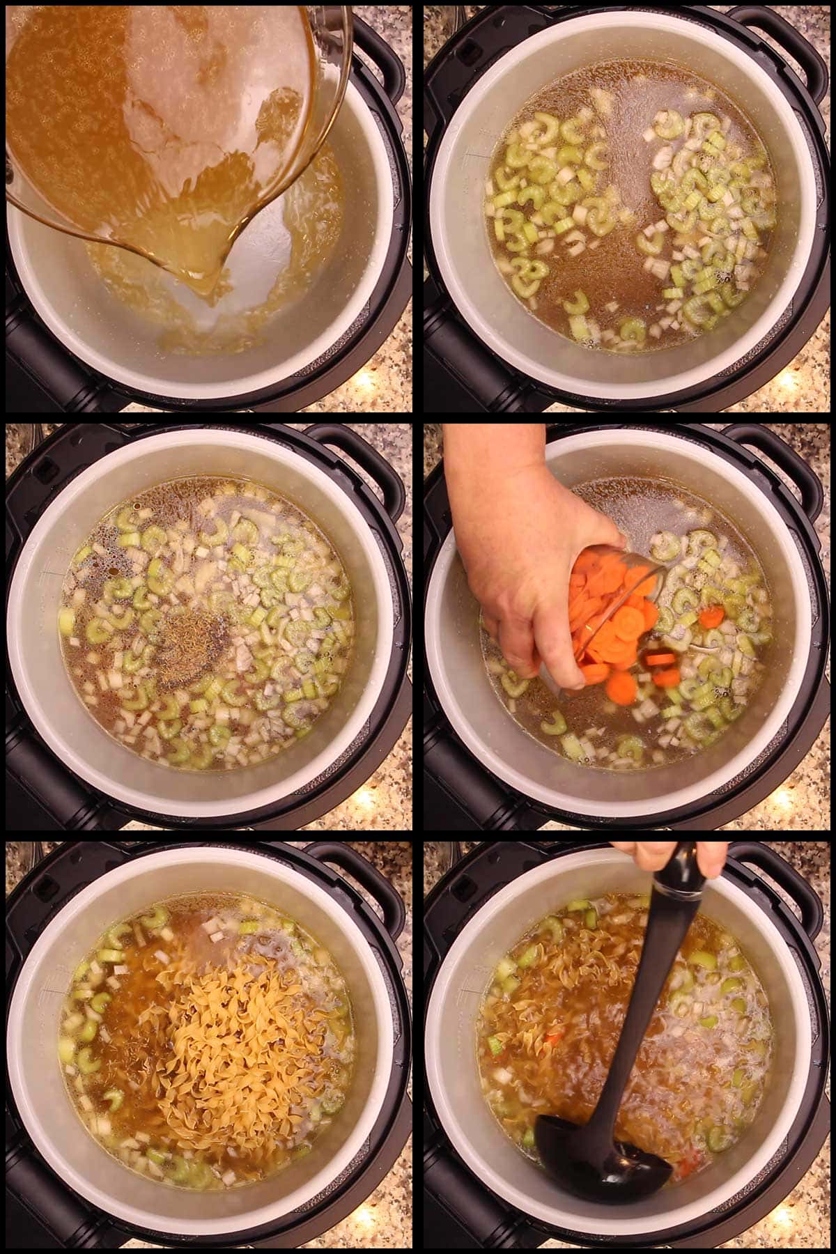 adding ingredients to the inner pot to make the homemade chicken noodle soup