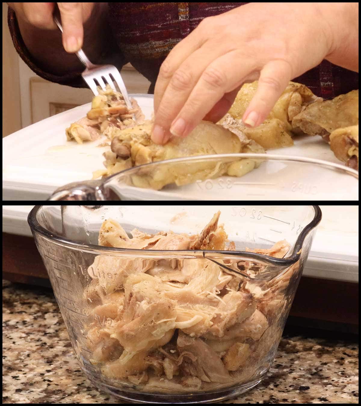 removing the chicken meat from the chicken thighs