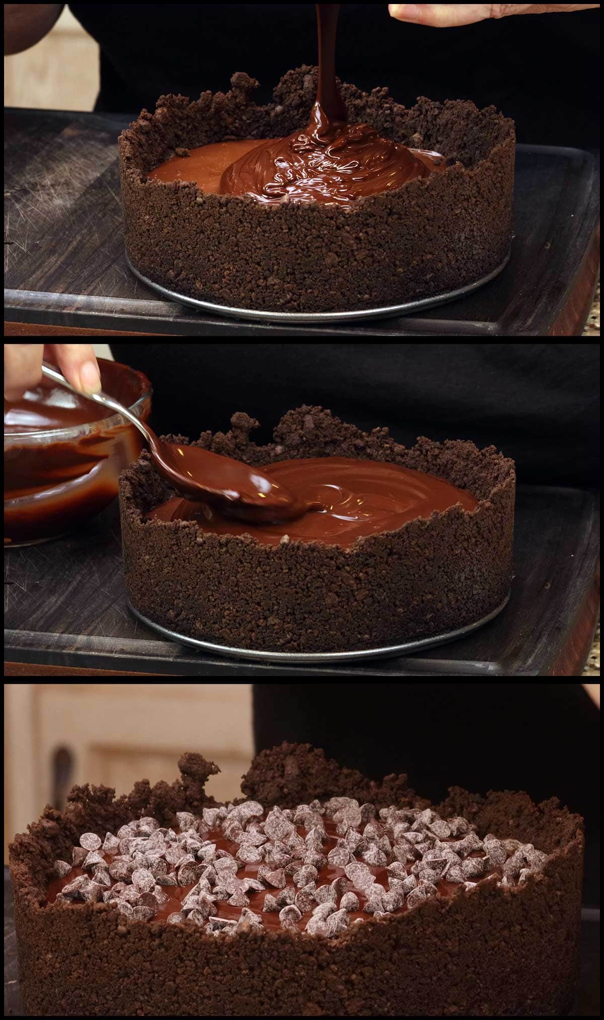 putting the ganache on the cheesecake