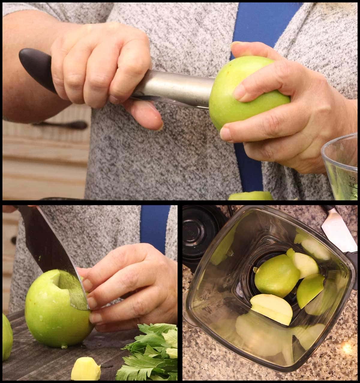 coring and quartering the apple for green juice