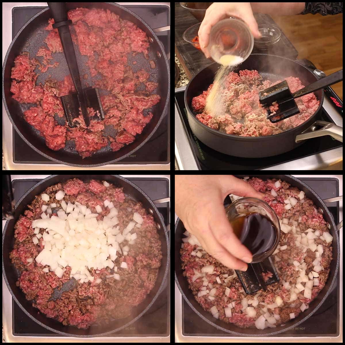 browning ground beef and adding onions/seasonings for cheeseburger macaroni