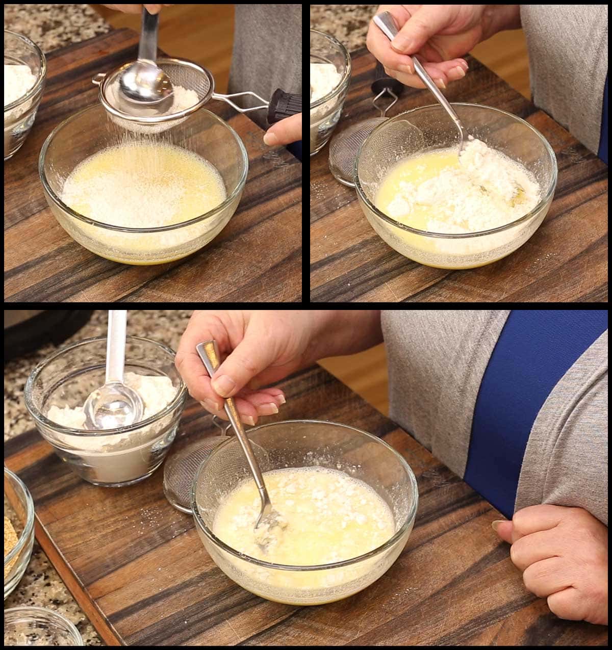 sifting and folding the flour into the egg and water mixture