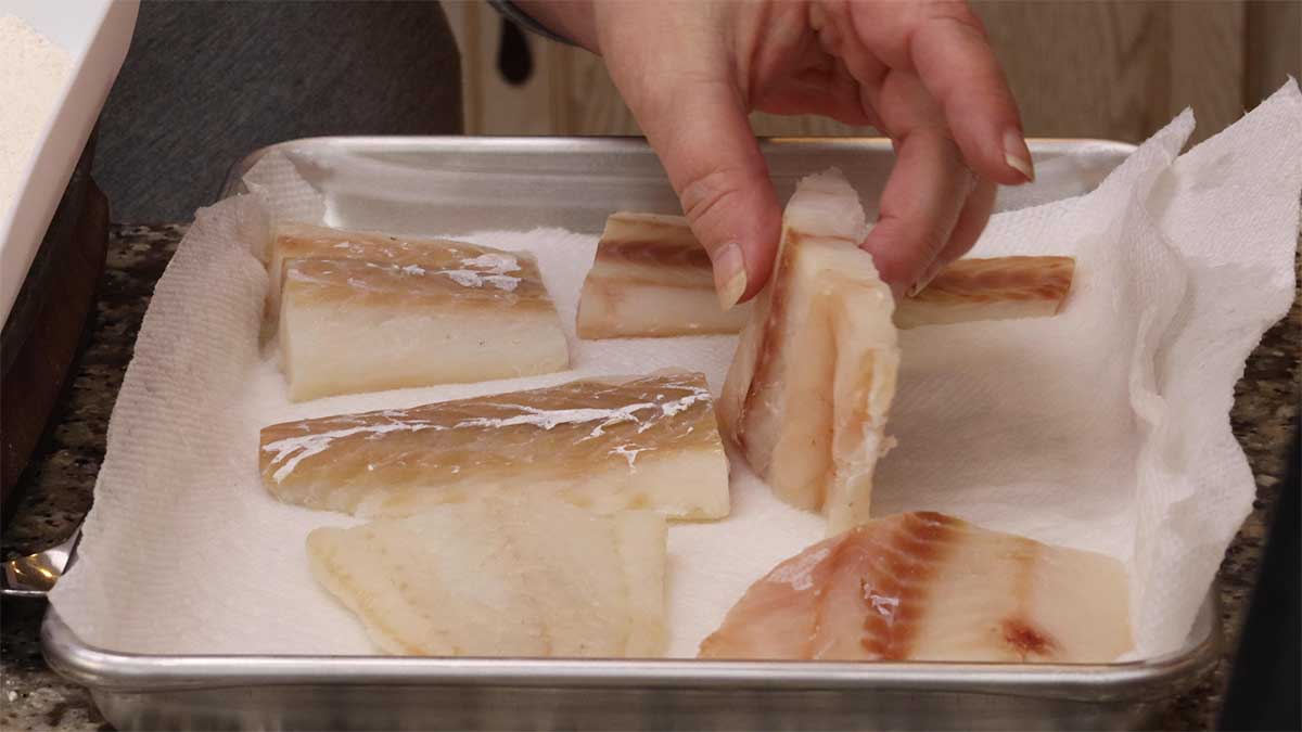Thawed and dried cod for fish and chips