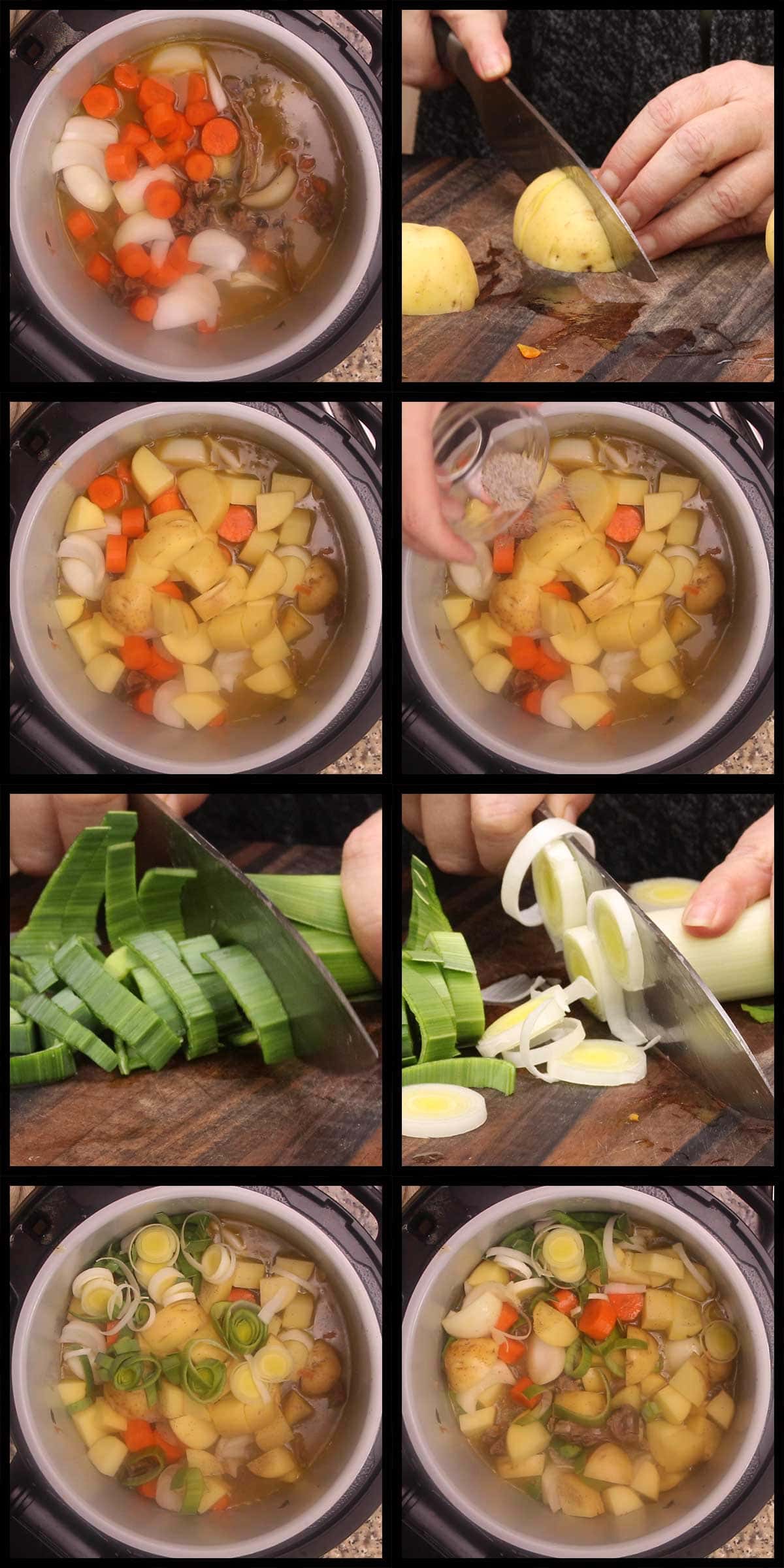 adding larger cut vegetables into pot for Irish stew