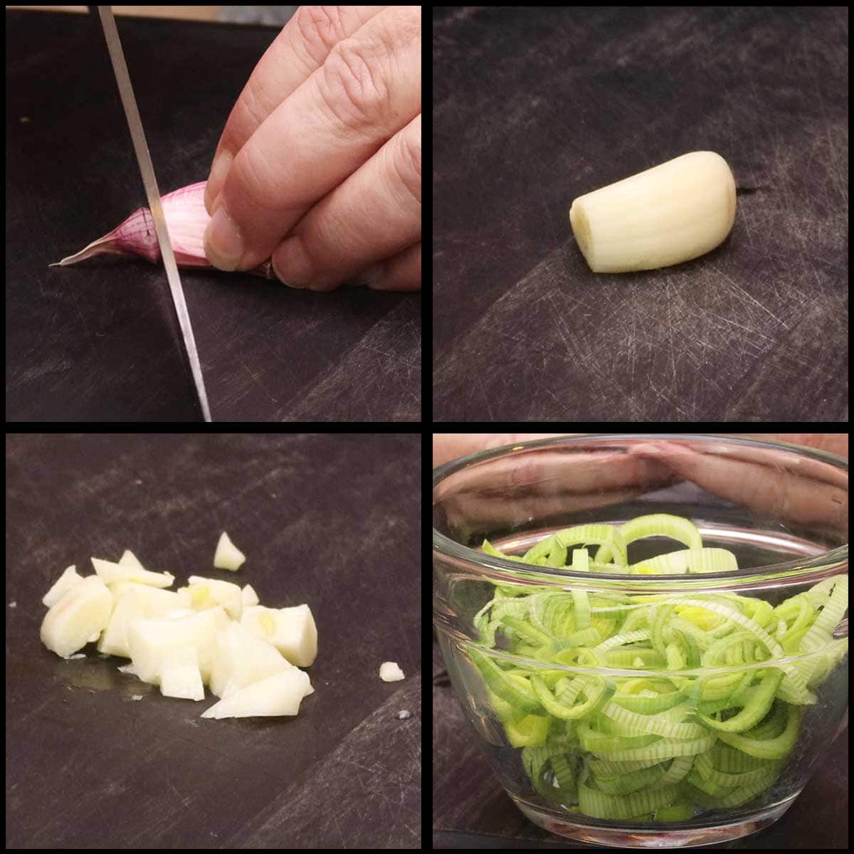 preparing garlic and leeks
