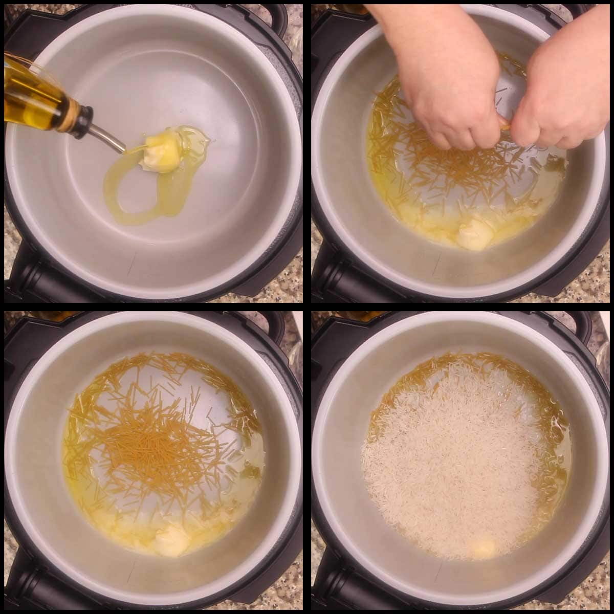 adding the vermicelli and rice to hot butter and oil