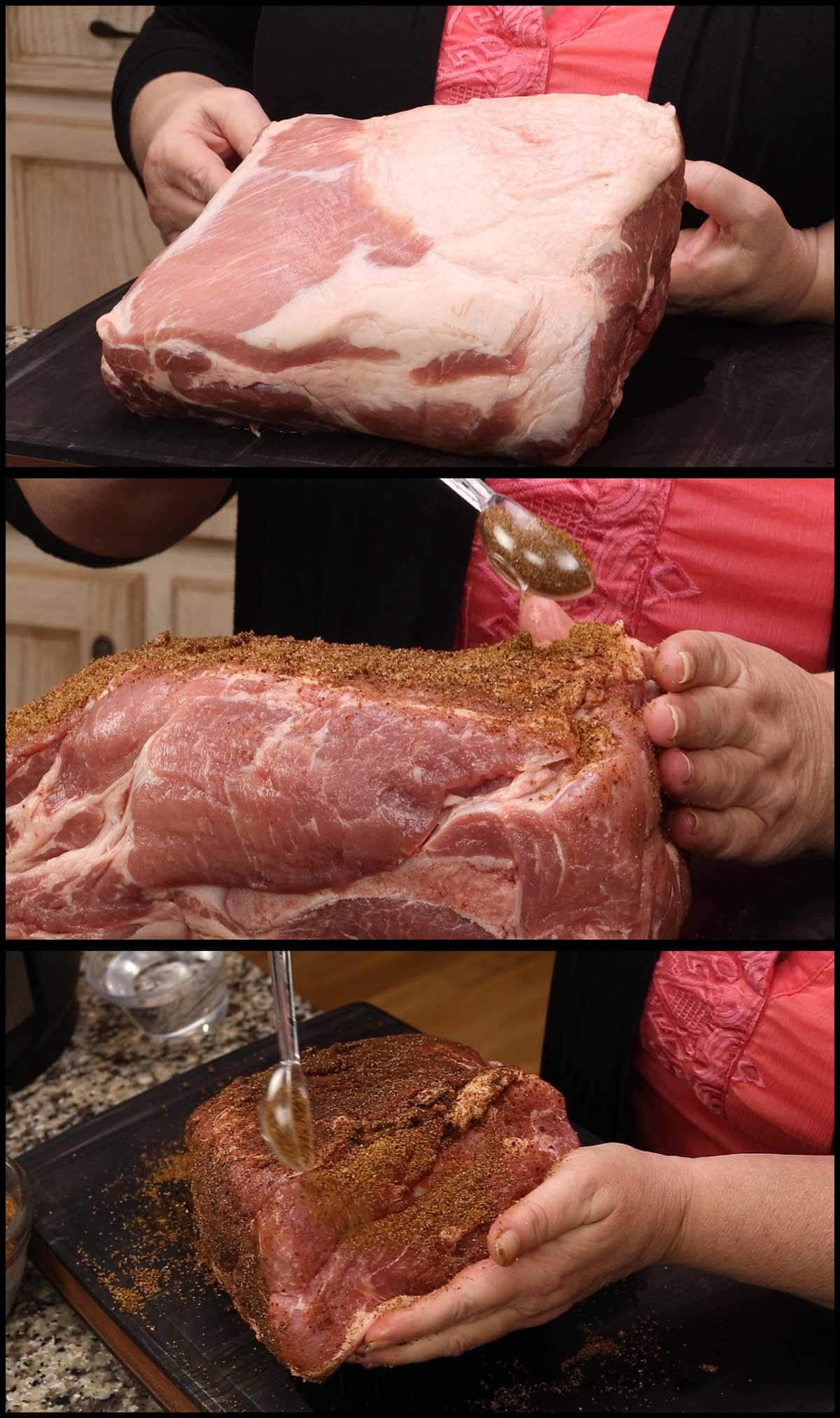 rubbing the pork with seasoning before cooking