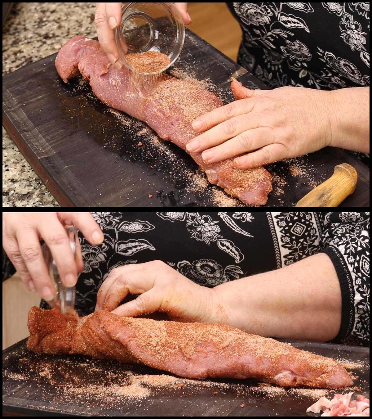 seasoning the pork tenderloin with rub