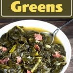 collard greens with broth in a white bowl with a serving spoon