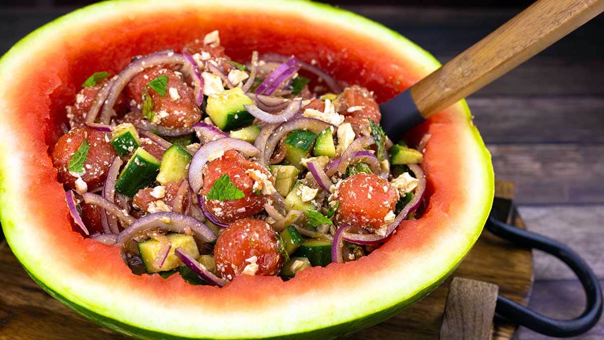 Watermelon Feta Salad in a watermelon bowl