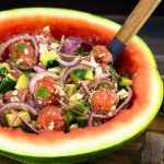 Watermelon Feta Salad in a watermelon bowl