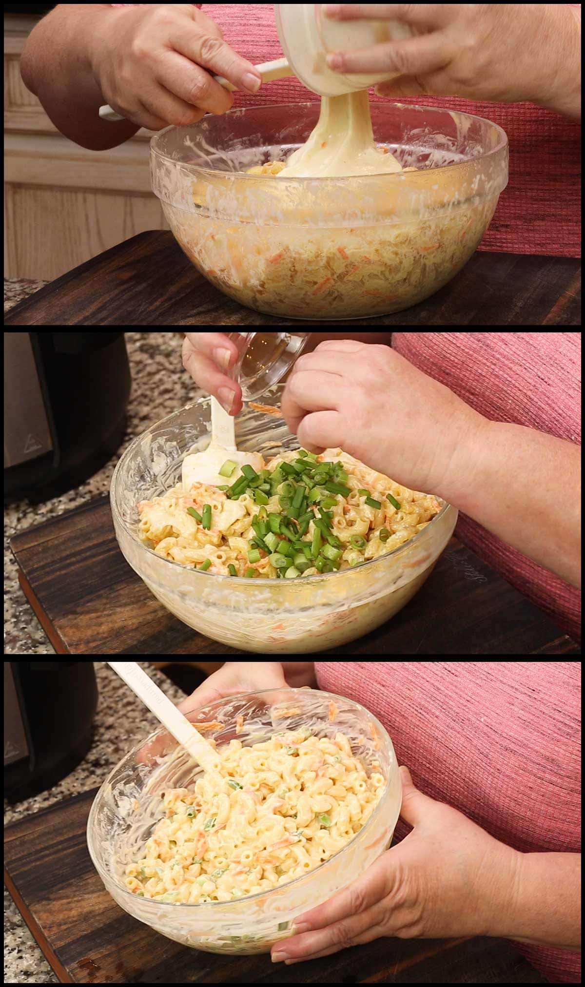 adding remaining ingredients to macaroni salad