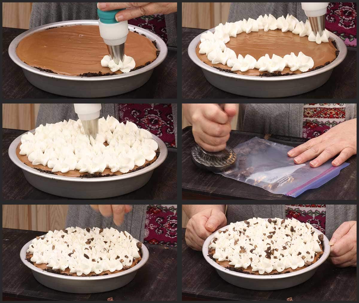 decorating the chocolate mousse pie with whipped cream and chocolate shavings.