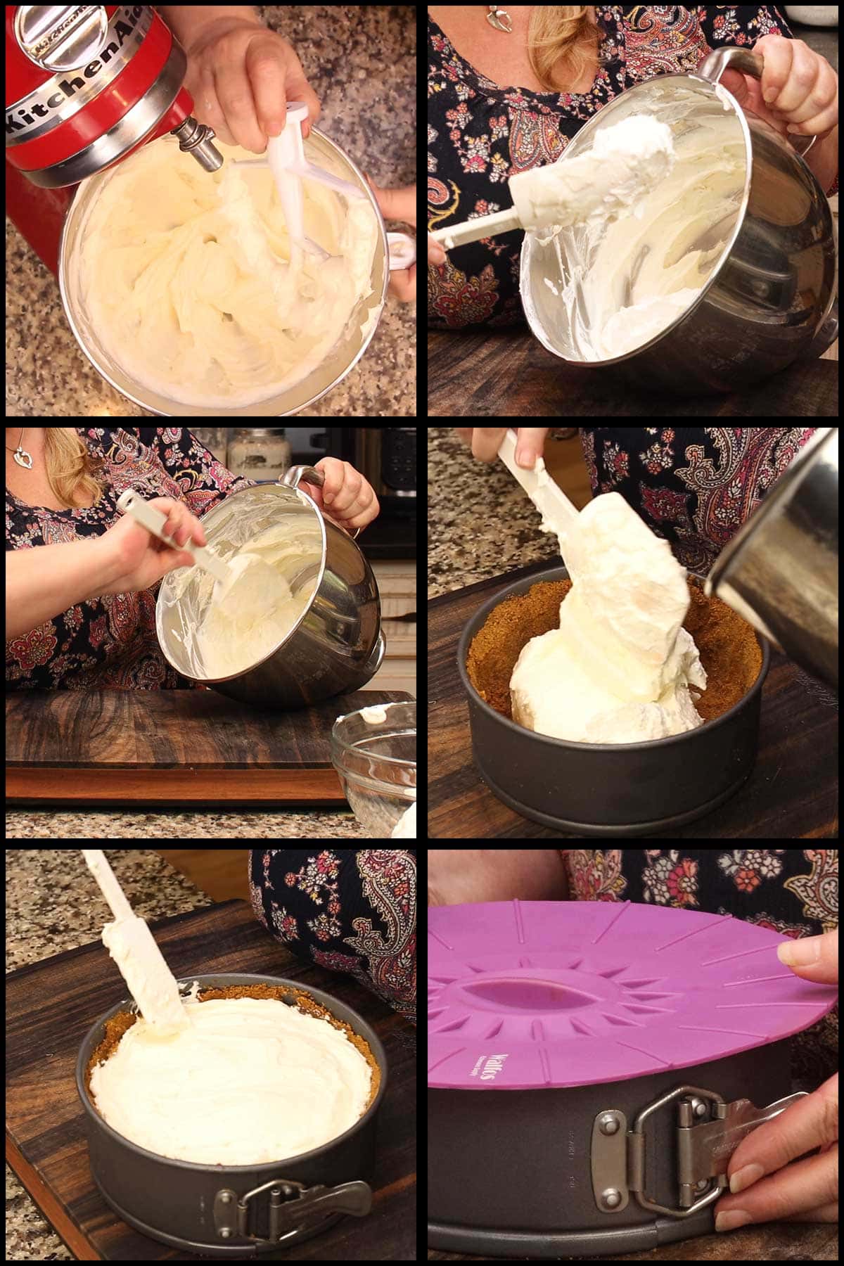 folding in the whipped cream into the cream cheese mixture and filling the cookie crust with pie filling