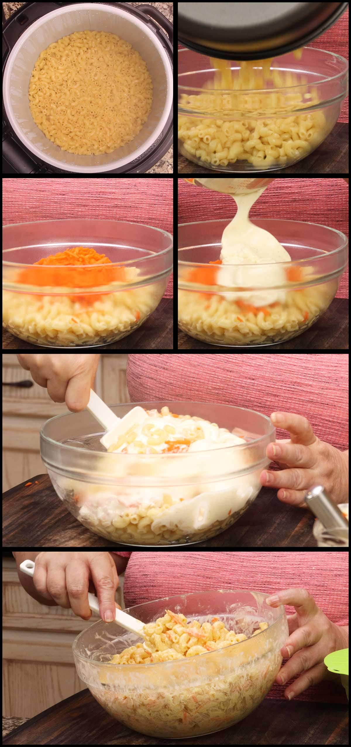 mixing the grated carrots and dressing into the cooked macaroni