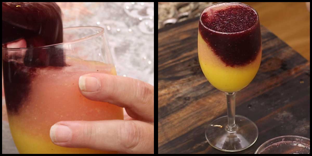 mixing wine slushies in a wine glass for a layered cocktail